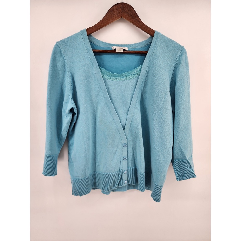 Christopher & Banks Petite XL Blue Cardigan‎ Sweater Set 2 Piece Lace Trim Tank